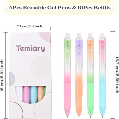Temiary 4 Pcs Erasable Gel Pens & 10 Pcs Refills, Retractable Ink Pen with Eraser Clear, 0.5mm Fine Point Smooth Writing Make Mistakes Disappear for Crossword Puzzles Note Taking (Blue Ink)
