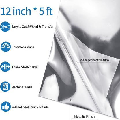 VINYL FROG Metallic Foil HTV Vinyl Roll 12" x5ft Silver Chrome Iron on Vinyl Easy to Cut & Weed Heat Transfer Vinyl DIY Heat Press Design for T-Shirts
