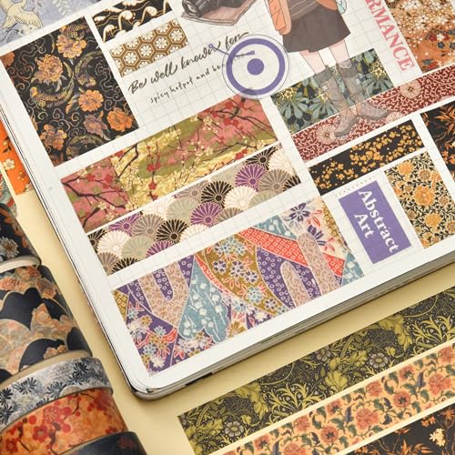 12 Rolls Kyoto Charm Washi Tape Set Japanese Arts Adhesive Tapes Geometric Garden Decorative Masking Tape Sets for Craft