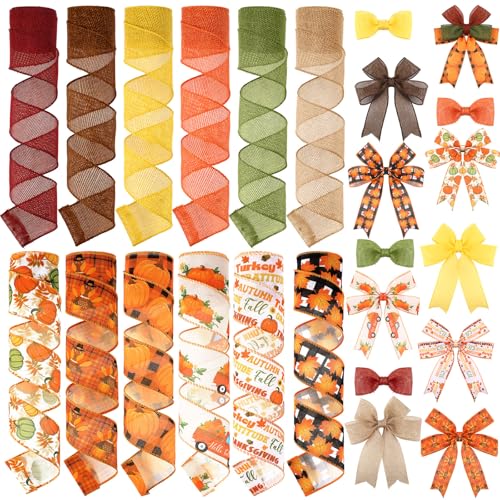 12 Rolls 60 Yard Fall Wired Ribbon for Wreath Craft Bow (12 Count)