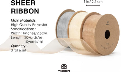 Vitalizart Organza Sheer Ribbon 1 inch x 30 Yd Cream White Rose Gold & Silver Handmade Fabric Ribbons for Gift Wrapping Christmas Tree Crafts Bows Wedding Invitations Wreaths Wrap