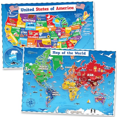 United States and World Map For Kids Classroom Posters 2pc Set (2 Count)