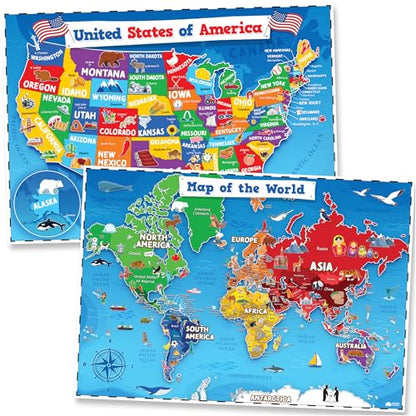 United States and World Map For Kids Classroom Posters 2pc Set (2 Count)