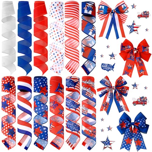 12 Rolls 60 Yards Memorial Day Ribbon Stars and Stripes Burlap Wired Edge Ribbon White Blue Red Crafts for 4th of July 250th Anniversary Patriotic Independence Day Gift Wrapping DIY Bow Craft (12 Count)