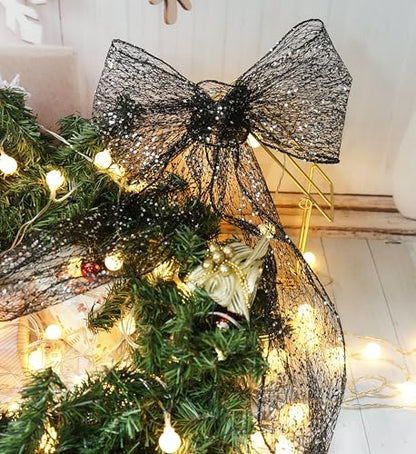Sparkling Glitter Mesh Wired Ribbon 6" x 10 Yards Black for Christmas Home Decor Bow Gift Wrapping DIY Crafts Wreath (30 Foot)