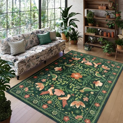 Washable Floral 5x7 Green Area Rug for Living Room (35 Sq Ft)