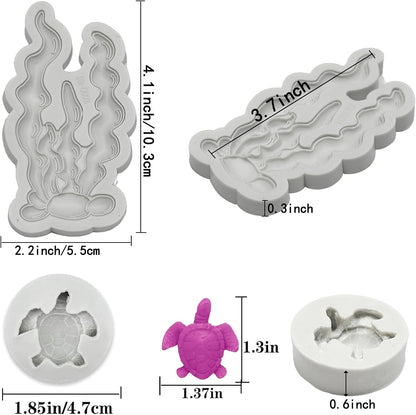 5 PCS Marine Theme Fondant Silicone Mold Seaweed Sea Fish Coral Sea Turtle Shape DIY Handmade Baking Tools, For Theme Cake Cookie Chocolate Candy Decoration Fondant Polymer Clay