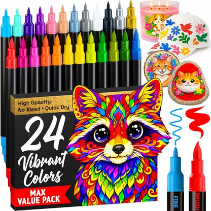 24 Dual Tip Acrylic Paint Marker Pens for Drawing (24 Count)