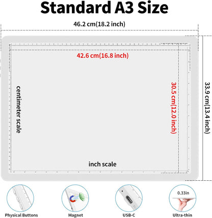Phylosal Rechargeable A3 Light Pad with Carry Bag, Ultra-Thin Magnetic Tracing Light Box for Drawing, Diamond Art Painting Light Board with Side Button, Super Bright Light Table for Sketching (White)