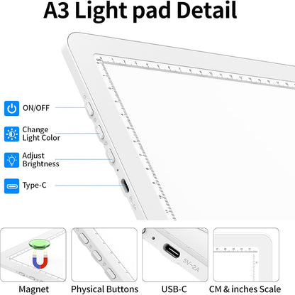 TOHETO A3 Light Board with Bag for Diamond Painting, Super Bright Magnetic Light Pad with Side Buttons, Lightbox for Tracing and Drawing, Corded Light Table for Sketching, Weeding Vinyl (White)