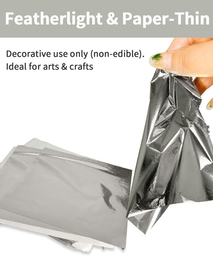 Luckymica Gold Leaf Sheets, 100 Pcs Adequate Gold Foil Sheets for Arts, Crafts, Decoration, Gilding, Paints, DIY, 5.5" x 5.5", Silver