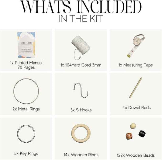 Macrame Kit for Beginners 153pc, 15 Projects Book, 164yd Cotton Macrame Cord, Wooden Beads & Sticks, Wooden & Metal Rings, Gift Box, Book & Accessories, Perfect Macrame Starter Kit