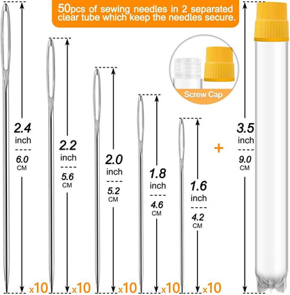 50 Pack Premium Large Eye Needles for Hand Sewing with Needle Threaders, Assorted Sizes, Embroidery Needles for Hand Sewing, Sewing Needles Large Eye, Big Eye Needle