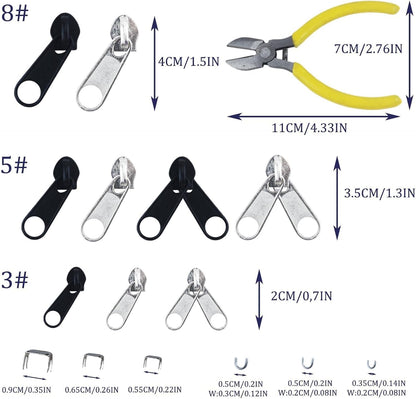 175 Pcs Zipper Repair Kit Sewing Change Zipper Needle-Nose Pliers Silver Black Zipper Clothing Jacket Purse Luggage Backpack Tent Sleeping Bag