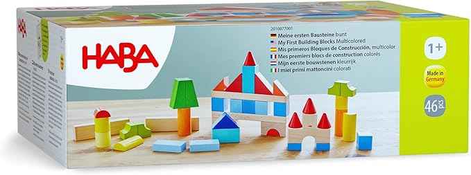 HABA Colored Wooden Building Blocks - 46 Piece Set of Wooden Toys, Stacking Toys for Toddlers 1-3 for Open Ended STEM Play, Made in Germany