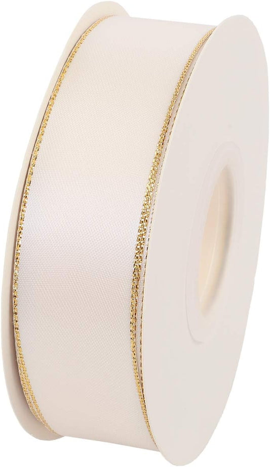 ITIsparkle 1" Inch Double Faced Satin Ribbon 25 Yards with Gold Edges, 1" X 25Yd - Ivory - Crafty Corner