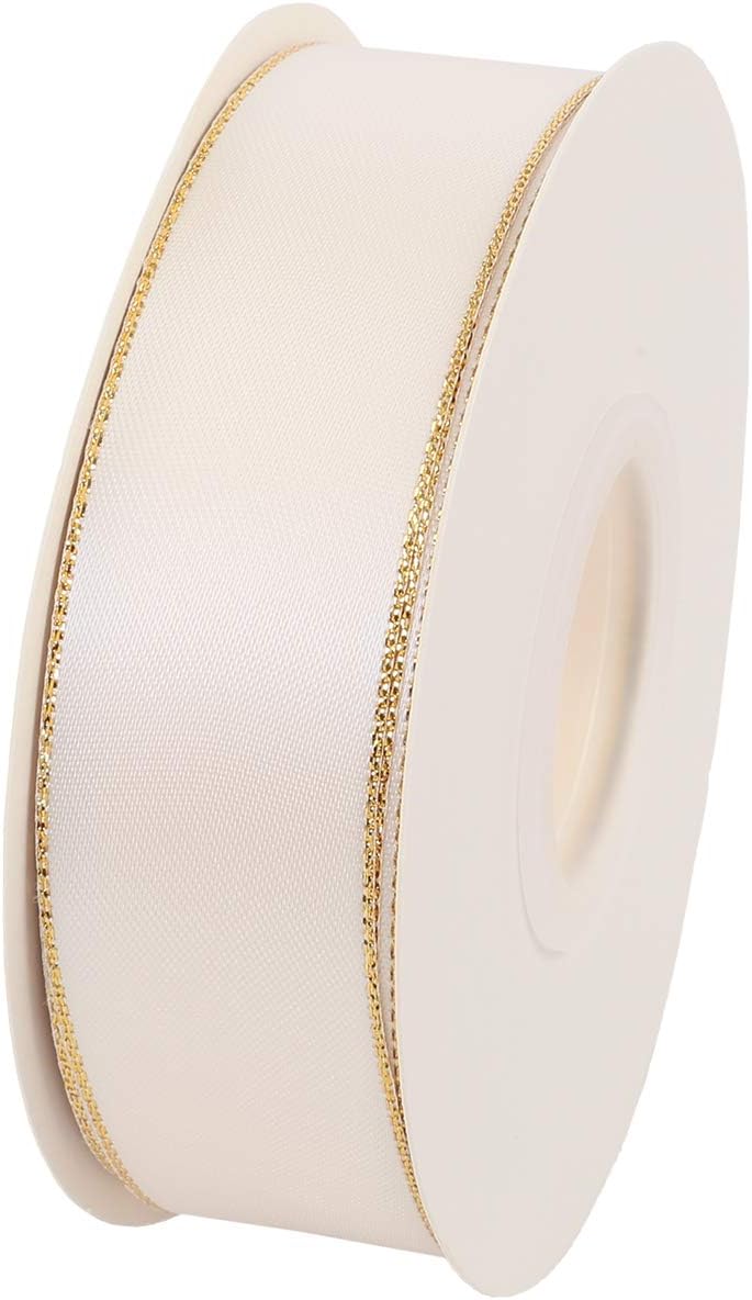 ITIsparkle 1" Inch Double Faced Satin Ribbon 25 Yards with Gold Edges, 1" X 25Yd - Ivory - Crafty Corner