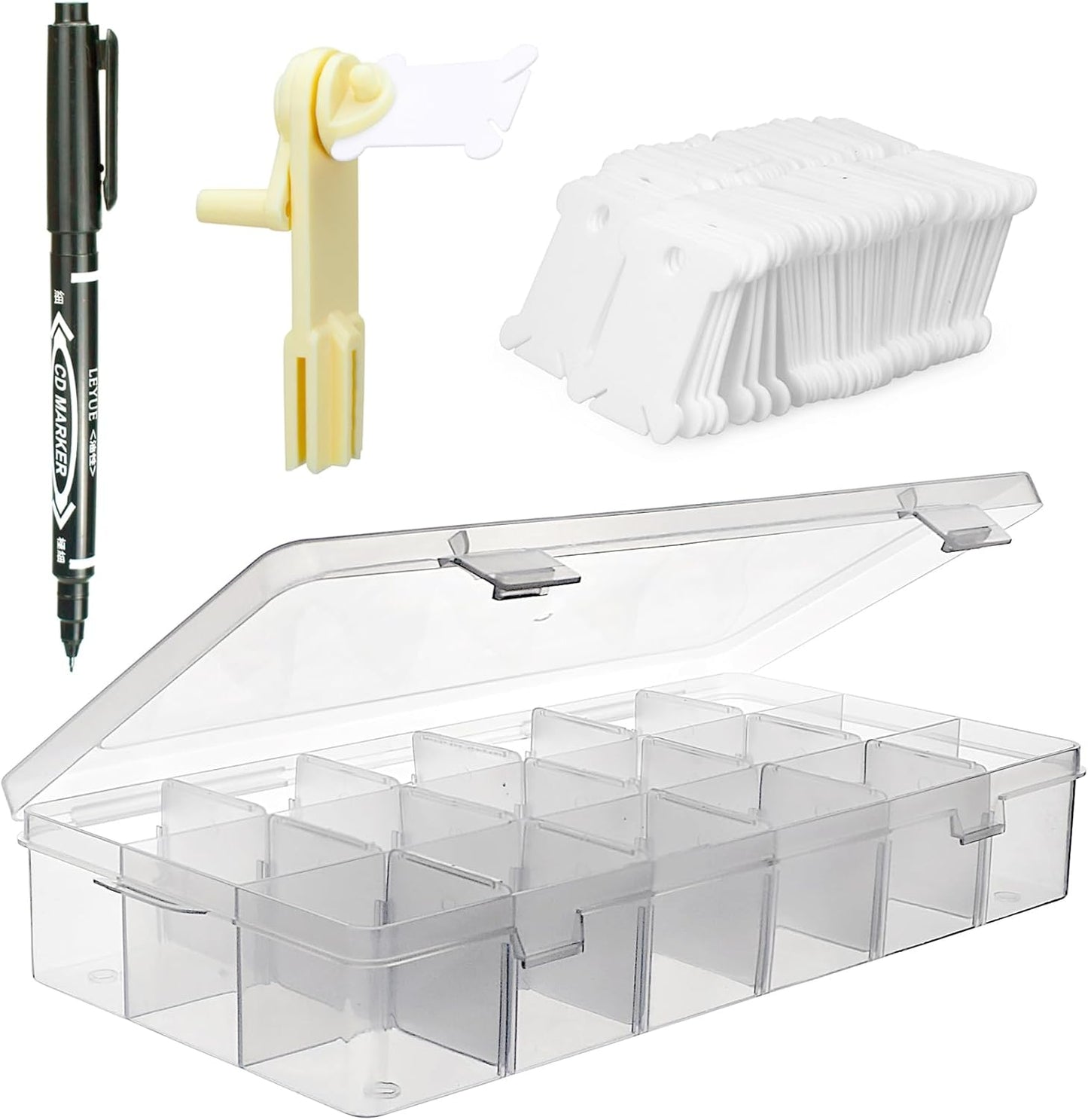 BLUE HANDCART Embroidery Floss Organizer, 1 Removable 18 Compartments Cross Stitch Thread Storage Box with 100 Plastic Embroidery Floss Bobbins, 1 Floss Winder and 1 Marker