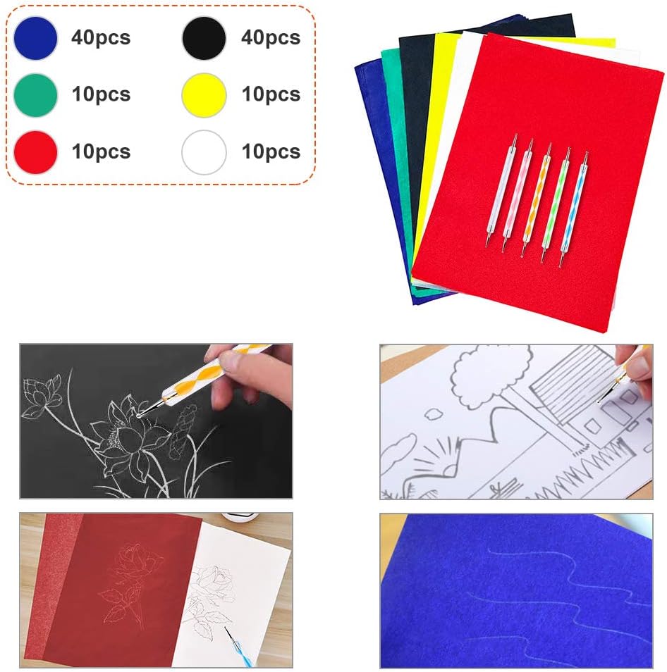 120pcs A4 Transfer Paper with 5pcs Embossing Stylus,Tracing Paper Copy Paper Carbon Water-Soluble Transfer Paper for Transfer Pattern on Fabric,Wood,Cross Stitch Cloth,Paper, Hand Painting