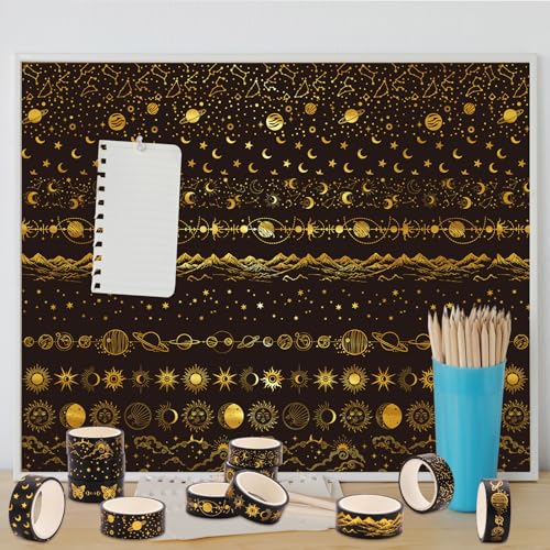 12 Rolls Gold Foil Galaxy Washi Tape Black Gold Sun Moon Star Masking Tape Set Decorative Wrapping Paper Tapes for Scrapbook Journal DIY Art Crafts (12 Count)