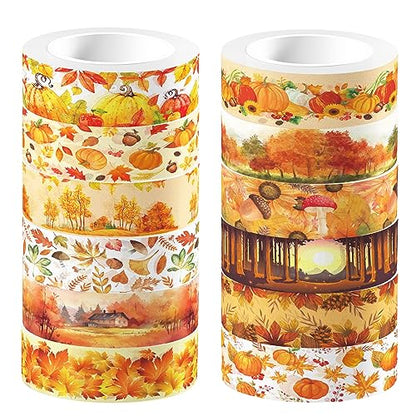 12 Pcs Thanksgiving Washi Tape Maple Leaf Print Masking Tape Pumpkin Pattern Decorative Paper Sticker for Fall Party Holiday Scrapbook DIY Craft Gift Wrapping Handbook Sticker (12 Count)