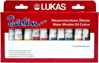Lukas Berlin Pro Artists Water Mixable Oil Paint Set of 10 (20mL) Selection Set of 10-20 ml Tubes, Water Soluble, Lightfast Pigments, Quick Drying, Easy Clean-Up, Eco-Friendly, Professional Quality