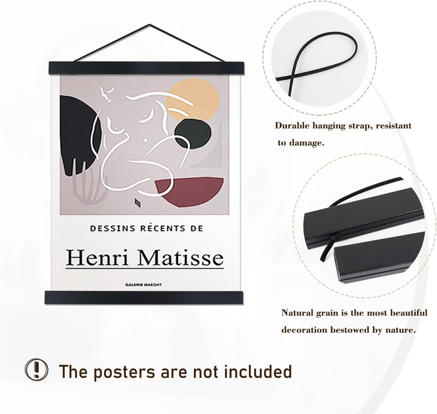 Artmag Magnetic Poster Hanger Frame, Light Wood Wooden Magnet Canvas Artwork Print Poster Hangers for 15x36 15x30 15x21 Frames Hanging Kit (Black, 15")