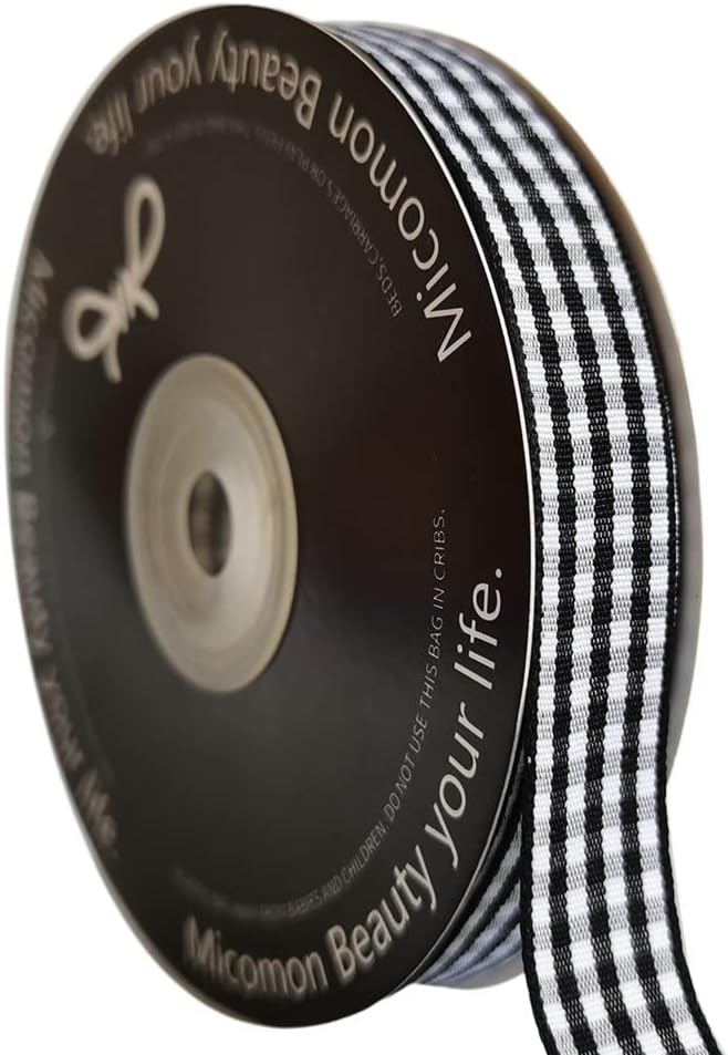 Black and White Wovon Edge Gingham Ribbon 25 Yard Each Roll 100% Polyester (5/8", Black) - Crafty Corner