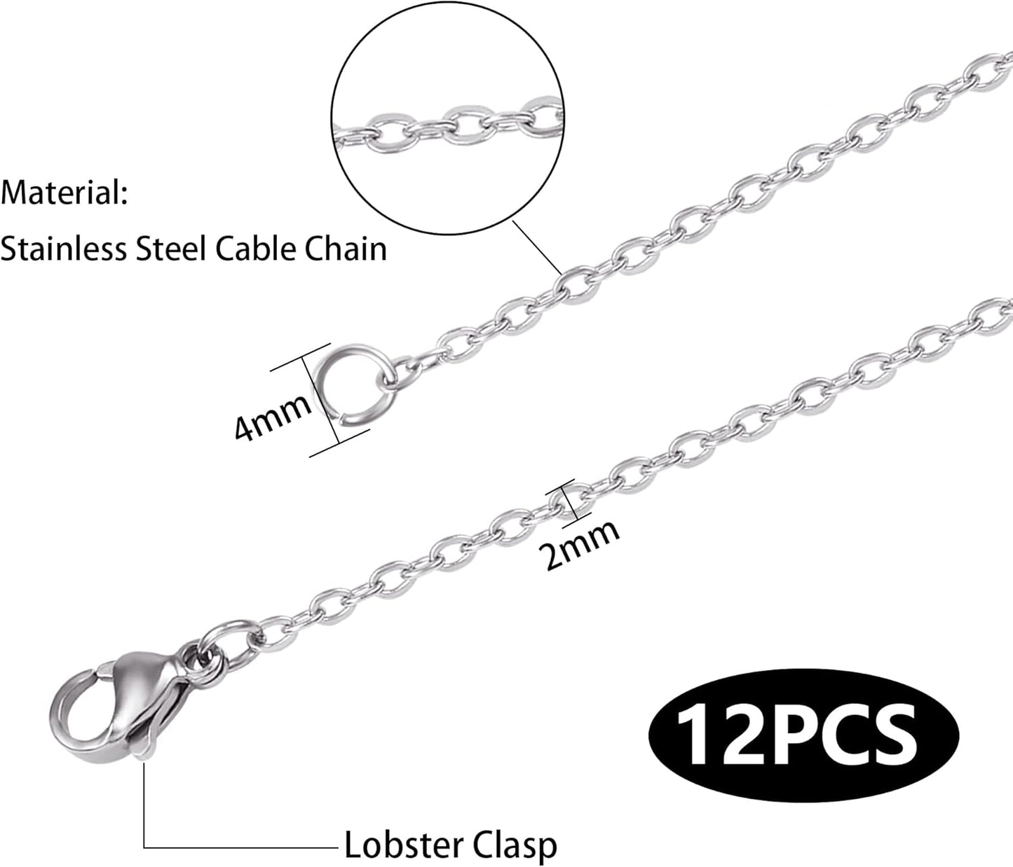 Wholesale 12 PCS Genuine Stainless Steel Cable Chain Necklace Chains Bulk for Jewelry Making (18 Inch(2MM))