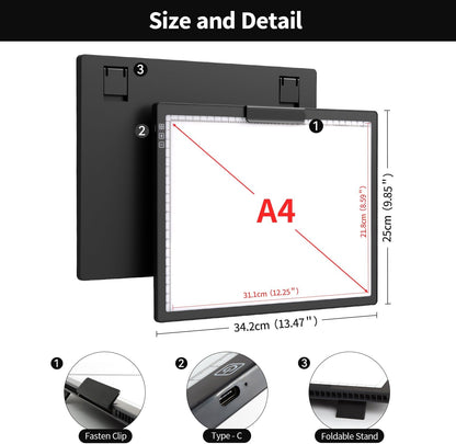 Zocelight Rechargeable A4 Light Box,led Light pad with Built-in Stand & Clip,6 Levels of Brightness Light Box for tracing,Diamond Painting.Light Table for Artists,Drawing,Sketching,Animation,X-ray