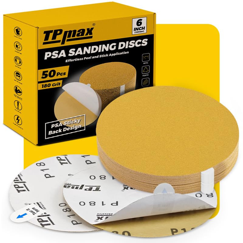 6-Inch 180-Grit Gold PSA Sanding Discs, 50 Pack – Pro-Grade Self-Adhesive Stickyback Sandpaper with Quick-Release Tabs for DA Sander, Fine Automotive/Wood/Metal Sanding (50 Count)