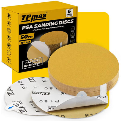 6-Inch 180-Grit Gold PSA Sanding Discs, 50 Pack – Pro-Grade Self-Adhesive Stickyback Sandpaper with Quick-Release Tabs for DA Sander, Fine Automotive/Wood/Metal Sanding (50 Count)