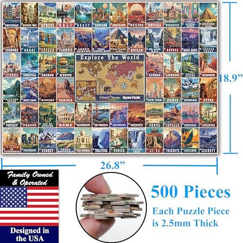 Colorful Vintage World Travel Poster 500 Pieces Large Format Jigsaw Puzzle for 13+