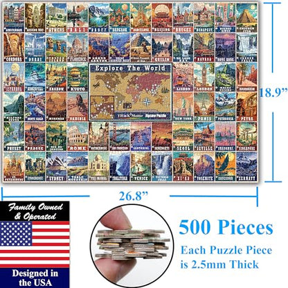 Colorful Vintage World Travel Poster 500 Pieces Large Format Jigsaw Puzzle for 13+