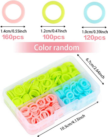 LUNARM 380 Pieces Colorful Knitting Stitch Markers Rings, Stitch Markers Rings(S/M/L) with Portable Storage Box for Sewing DIY Knitting Handcrafts