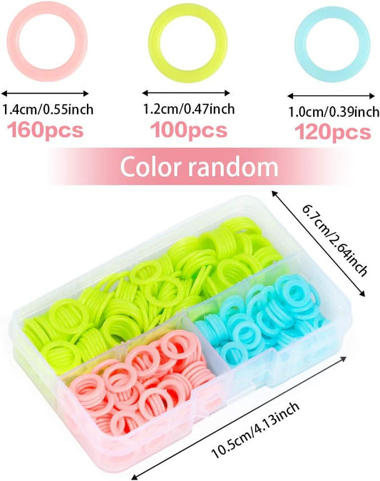 LUNARM 380 Pieces Colorful Knitting Stitch Markers Rings, Stitch Markers Rings(S/M/L) with Portable Storage Box for Sewing DIY Knitting Handcrafts