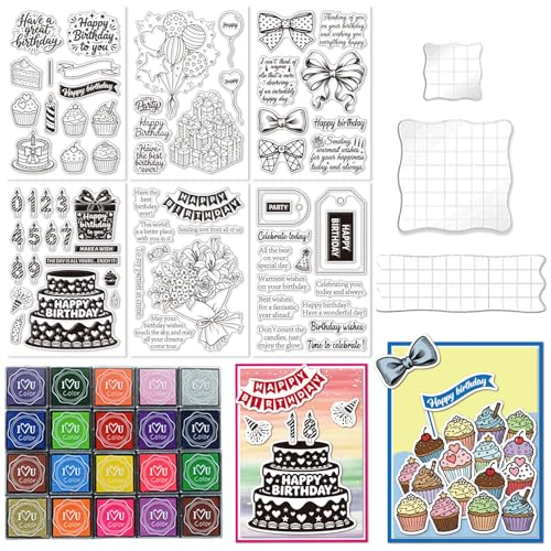 6 Pcs Clear Stamps for Birthday Card Making Supplies 20 Ink Pad