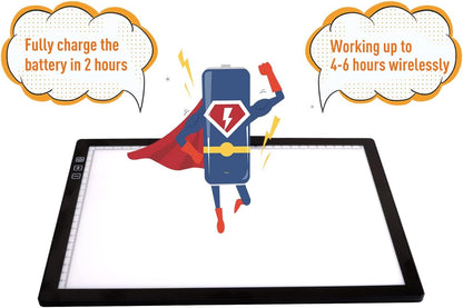 Rechargeable A4 LED Light Pad with Padded Case, Tracing Light Box w/Riser Stands and Paper Clip, 6 Levels of Brightness, Type-c Cable, Wireless Diamond Painting Light Board