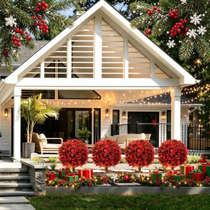 2Pack UV Resistant Red Artificial Boxwood Topiary Fake Plant (2 Count)