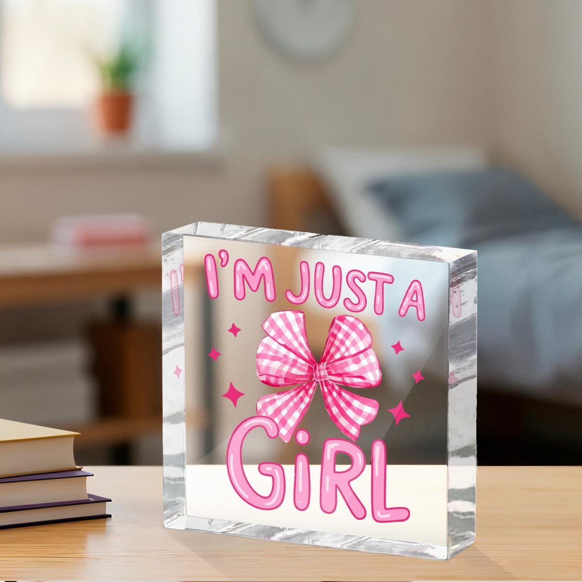 Positive Affirmation Gifts for Women Friends, Preppy Desk Decor Acrylic Sign 4X4 Inch, Pink Coquette Bow Desk Accessories Decorative Signs for Table Top Cubicle Room Office
