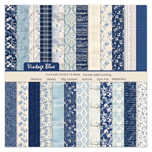 6 Inch Blue Floral Aesthetic Scrapbooking Paper Pad (24 Count)