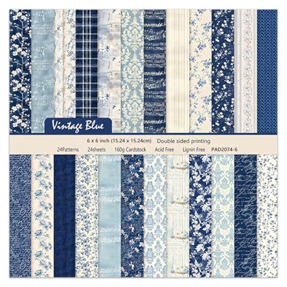 6 Inch Blue Floral Aesthetic Scrapbooking Paper Pad (24 Count)