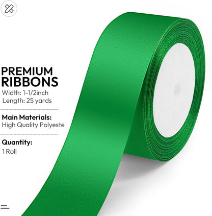 KMER LIFE Green Ribbon 1-1/2 Inches x 25 Yards Satin Ribbons Perfect for Halloween, Wreath, Corset, Floral, Floral Arrangement, Christmas, Wedding Party Decoration, Bow Making & Other Projects - Crafty Corner