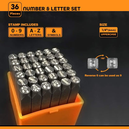 OWDEN Professional 36Pcs. Steel Metal Stamp Set,(1/4”) 6mm,Steel Number and Letter Punch Set,Alloy Steel Made HRC 58-62 for Jewelry Craft Stamping.