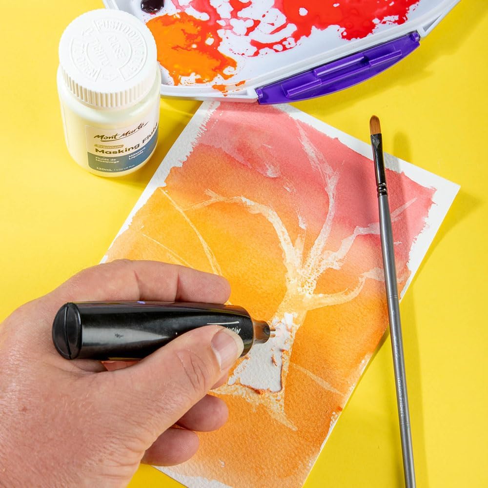 Mont Marte Masking Fluid Premium 120ml (4.06 US fl.oz), Masking Fluid for Watercolor Painting, Keeps Areas Free of Color And Edges Crisp, Resists Watercolor, Ink and Pouring Paint