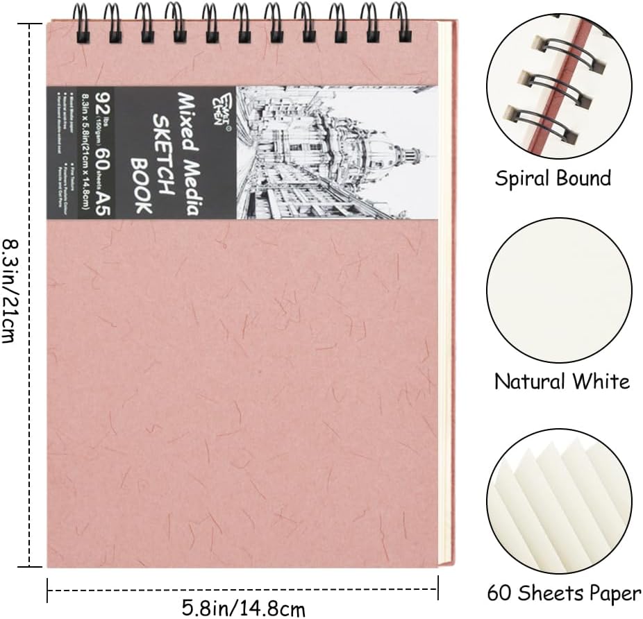 8.3x5.8 Sketch Book, Top Spiral Bound Sketch Pad, 60sheets 92lb/150gsm Nature White Paper, Acid-Free Mixed Media Paper for Painting, Dawing & Art Supplies. N-Pink - Crafty Corner