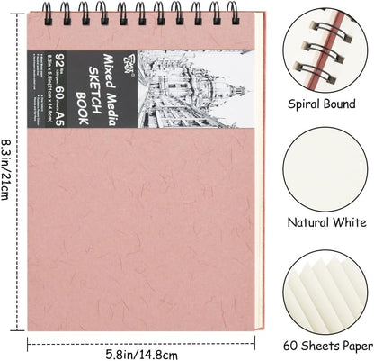 8.3x5.8 Sketch Book, Top Spiral Bound Sketch Pad, 60sheets 92lb/150gsm Nature White Paper, Acid-Free Mixed Media Paper for Painting, Dawing & Art Supplies. N-Pink - Crafty Corner