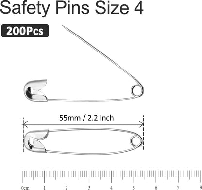 200 PCS 55mm / 2.2 Inch Safety Pins Heavy Duty Quilting Pins, Large Safety Pins Size 4, Silver Metal Sewing Pins, Big Safety Pins for DIY Crafts Jewelry Making Baby Clothing (Nickel Plated)