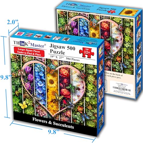 Colorful Flowers Succulents & Butterflies 500 Pieces Very Large Pieces Jigsaw Puzzle for 13+ Adults & Seniors. Beautiful Vibrant Heart Valentine's Day Illustration 26.8” X 18.9”