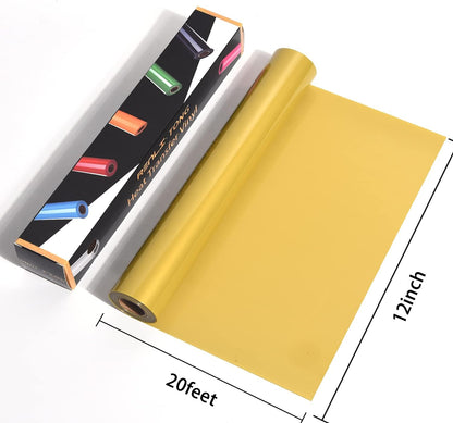 RENLITONG Golden Iron on Vinyl 12Inch by 20ft Roll HTV Heat Transfer Vinyl for T-Shirt HTV Rolls for All Cutter Machine - Easy to Cut & Weed for Heat Transfer Design